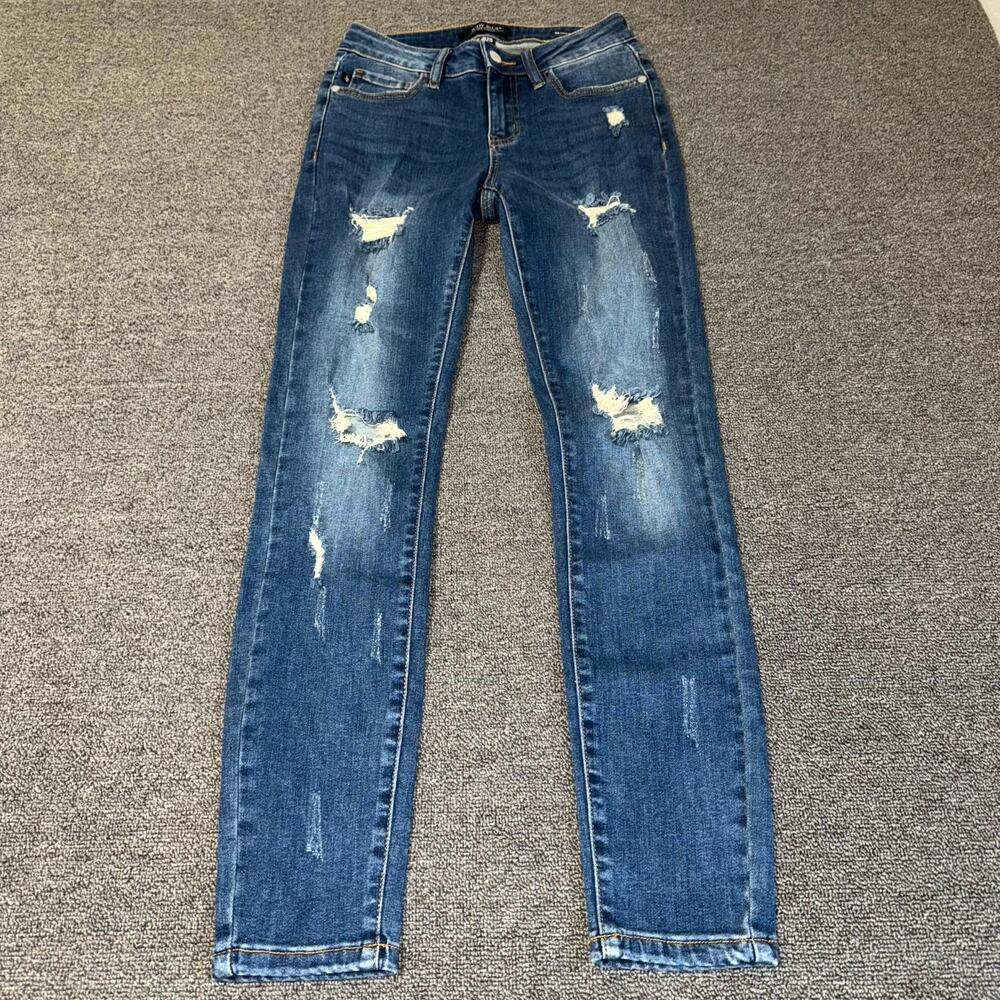 Judy Blue Skinny Fit Jeans Women's 1/25 Blue Denim Distressed Mid Rise Boho Twee